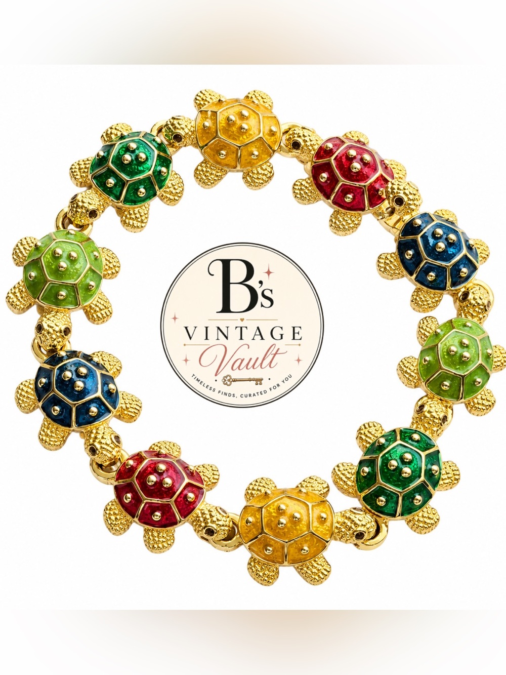 Vintage Kenneth Jay Lane Multicolor Enamel Turtle Link Bracelet - Gold